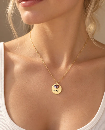Collier pierre de naissance personnalisé 2 prénoms - médaille dorée gravée, deux pierres poire