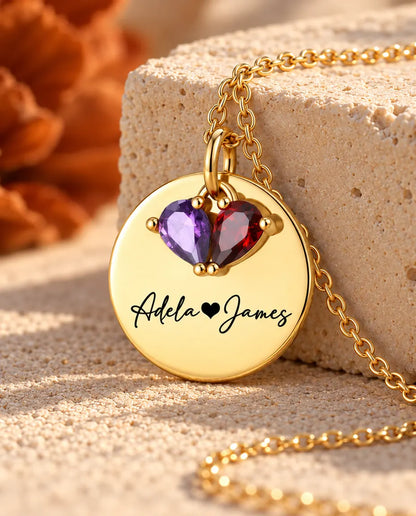 Collier pierre de naissance personnalisé 2 prénoms - médaille dorée gravée, deux pierres poire