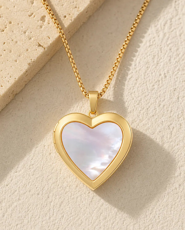 Collier Médaillon Cœur en Nacre pour 2 Photos, Médaillon Cœur Poli en Or, Cadeau Photo Personnalisé