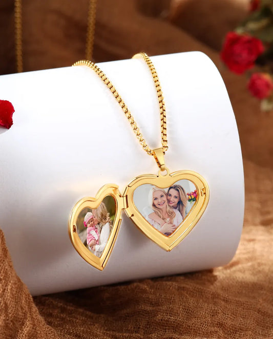 Collier Médaillon Cœur en Nacre pour 2 Photos, Médaillon Cœur Poli en Or, Cadeau Photo Personnalisé