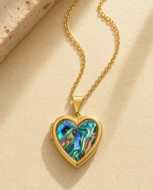 Collier Médaillon Cœur en Nacre Abalone pour 2 Photos, Médaillon Photo Cœur Personnalisé et Gravé, en Or ou Argent