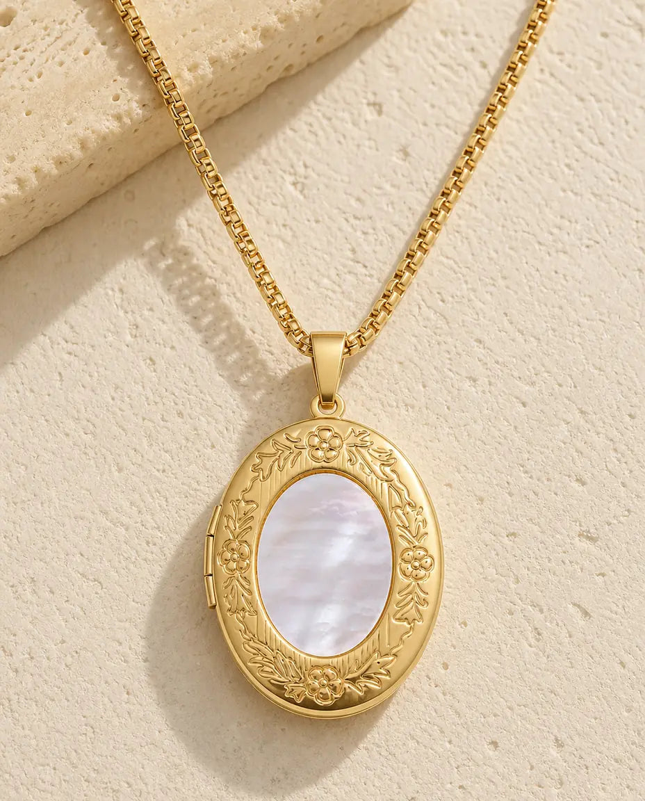 Collier Médaillon Ovale en Nacre pour 1 Photo, Médaillon Vintage à Motif Floral en Or, Cadeau Personnalisé