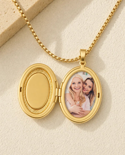 Collier Médaillon Ovale en Nacre pour 1 Photo, Médaillon Vintage à Motif Floral en Or, Cadeau Personnalisé