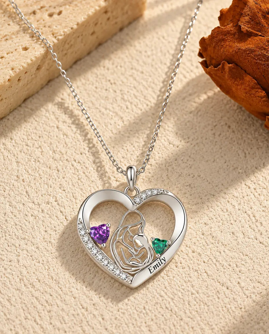 Collier mère et enfant personnalisé avec prénom - pendentif cœur, deux pierres de naissance, rhodié