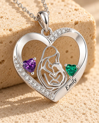 Collier mère et enfant personnalisé avec prénom - pendentif cœur, deux pierres de naissance, rhodié