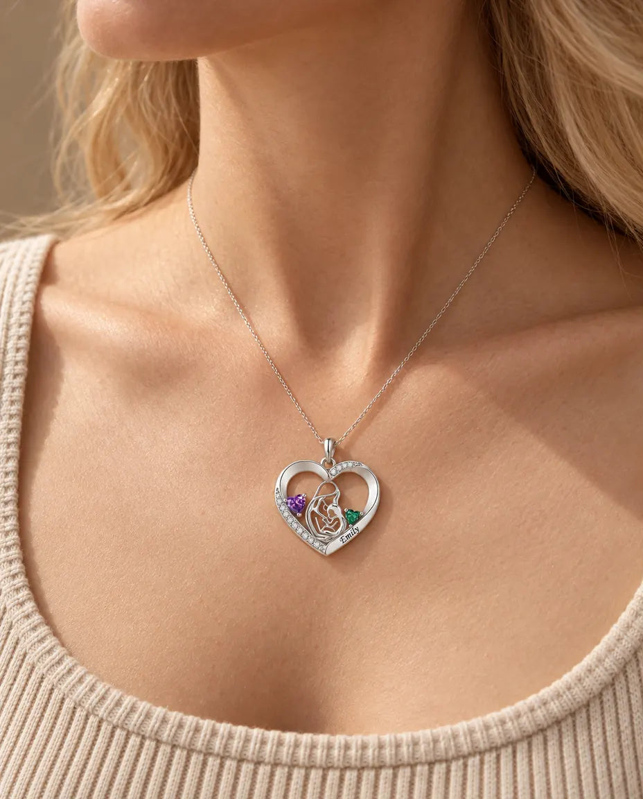 Collier mère et enfant personnalisé avec prénom - pendentif cœur, deux pierres de naissance, rhodié