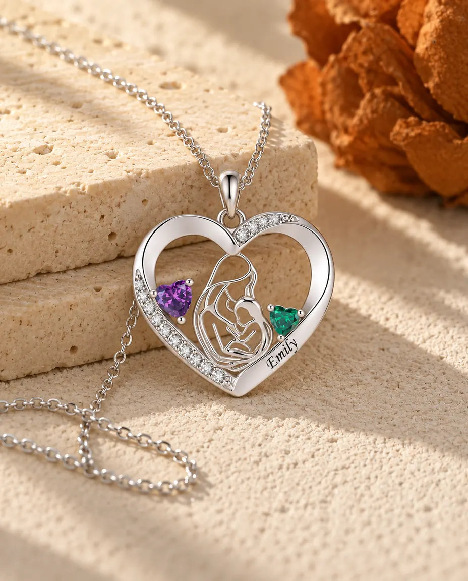 Collier mère et enfant personnalisé avec prénom - pendentif cœur, deux pierres de naissance, rhodié