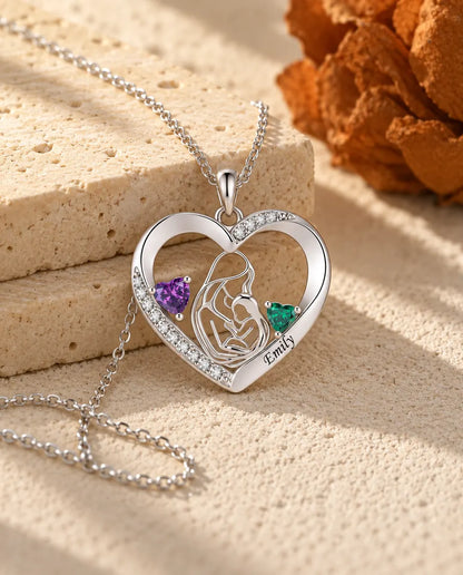 Collier mère et enfant personnalisé avec prénom - pendentif cœur, deux pierres de naissance, rhodié