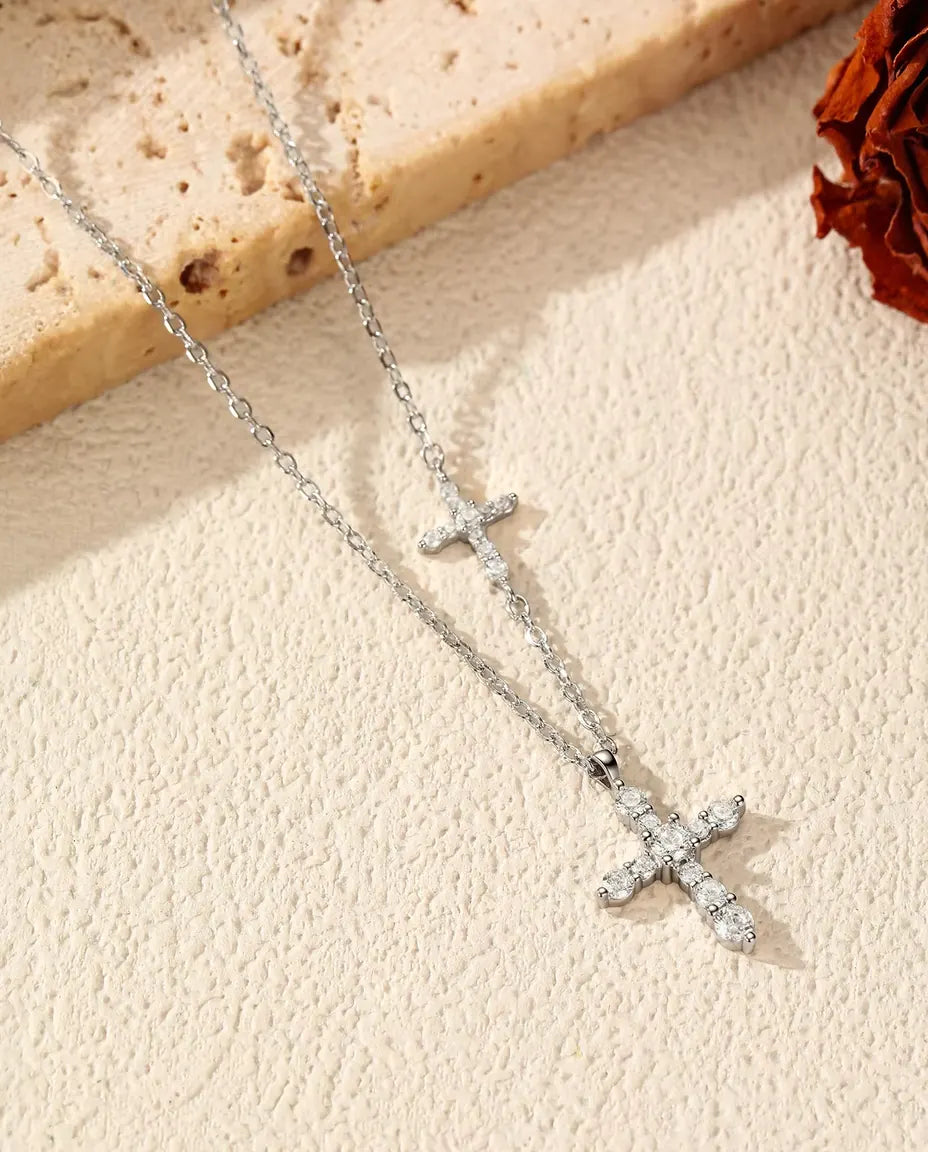 Collier Moissanite Double Croix - Pendentif croix pavée et croix horizontale sur chaîne, argent 925, 40+5 cm