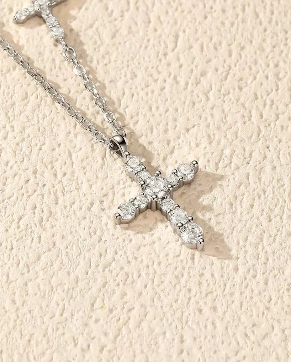 Collier Moissanite Double Croix - Pendentif croix pavée et croix horizontale sur chaîne, argent 925, 40+5 cm