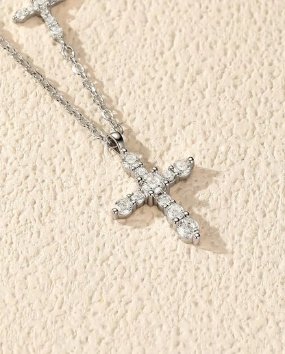 Collier Moissanite Double Croix - Pendentif croix pavée et croix horizontale sur chaîne, argent 925, 40+5 cm