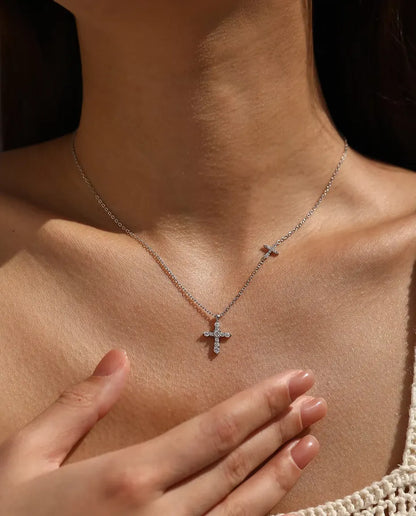 Collier Moissanite Double Croix - Pendentif croix pavée et croix horizontale sur chaîne, argent 925, 40+5 cm