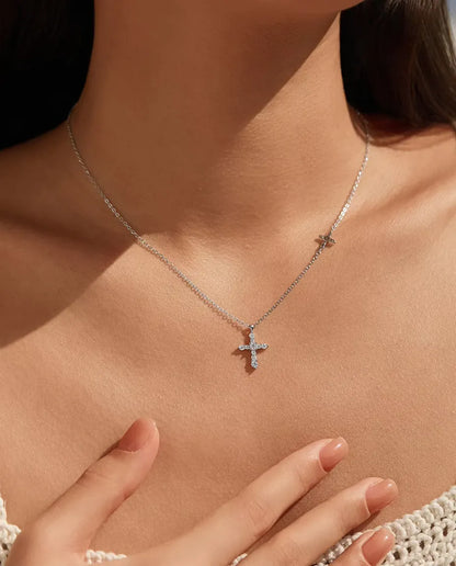 Collier Moissanite Double Croix - Pendentif croix pavée et croix horizontale sur chaîne, argent 925, 40+5 cm