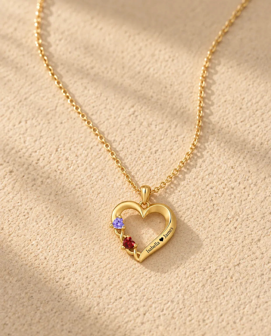 Collier pierre de naissance personnalisé 2 prénoms - cœur ouvert doré, deux pierres taille cœur