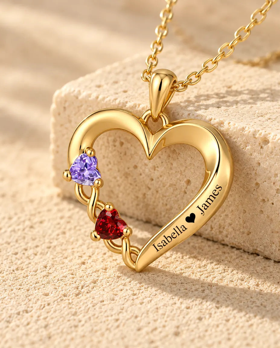 Collier pierre de naissance personnalisé 2 prénoms - cœur ouvert doré, deux pierres taille cœur