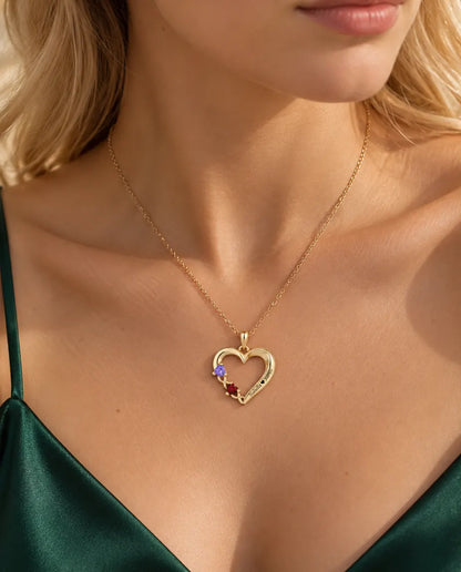 Collier pierre de naissance personnalisé 2 prénoms - cœur ouvert doré, deux pierres taille cœur