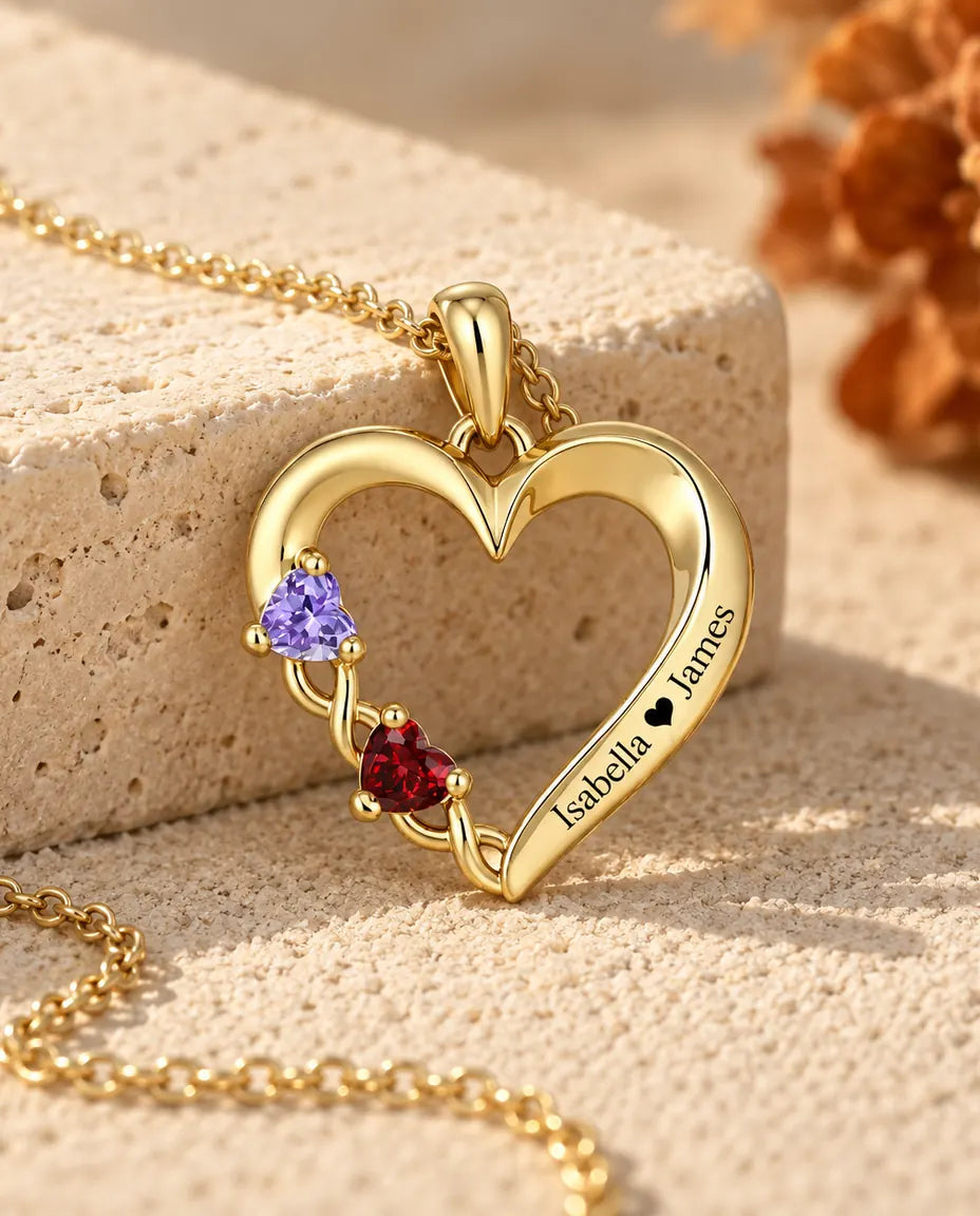 Collier pierre de naissance personnalisé 2 prénoms - cœur ouvert doré, deux pierres taille cœur