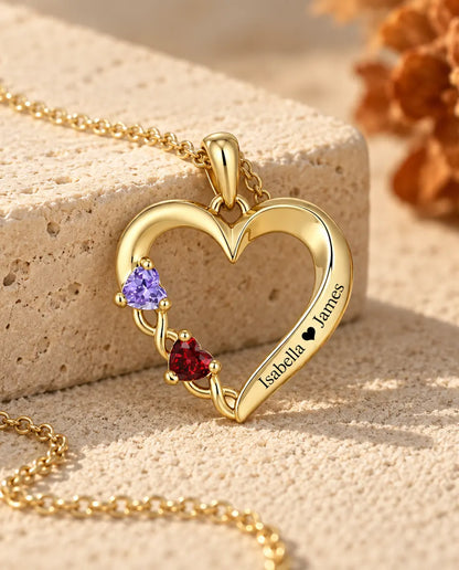 Collier pierre de naissance personnalisé 2 prénoms - cœur ouvert doré, deux pierres taille cœur
