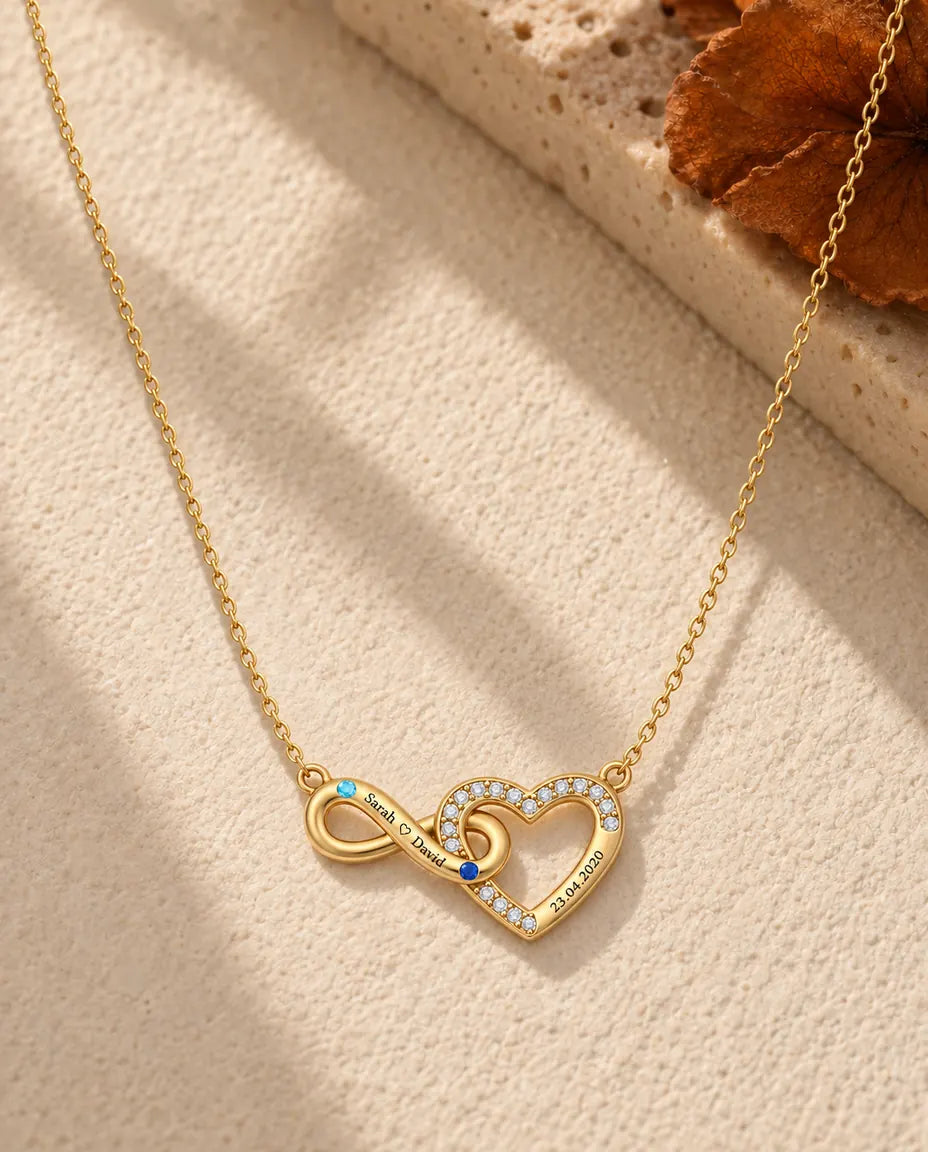 Collier personnalisé 2 prénoms et date - cœur infini doré avec deux pierres de naissance