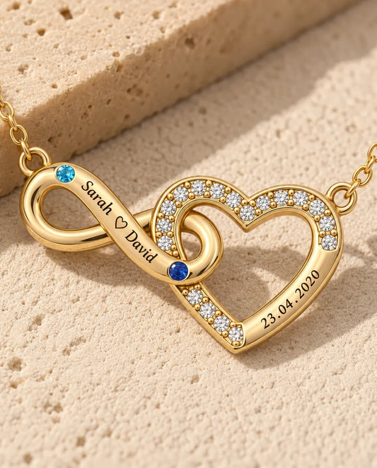 Collier personnalisé 2 prénoms et date - cœur infini doré avec deux pierres de naissance