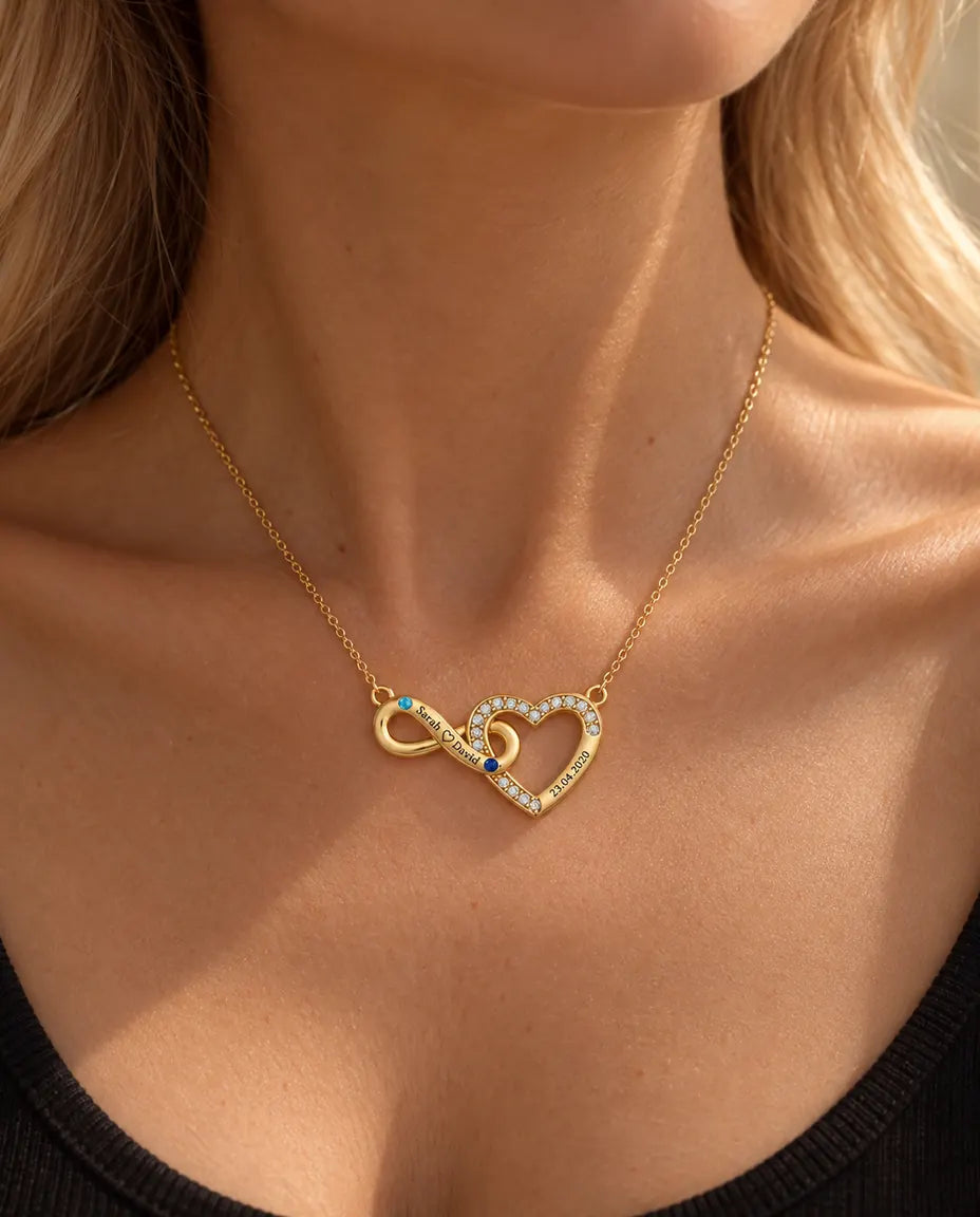 Collier personnalisé 2 prénoms et date - cœur infini doré avec deux pierres de naissance
