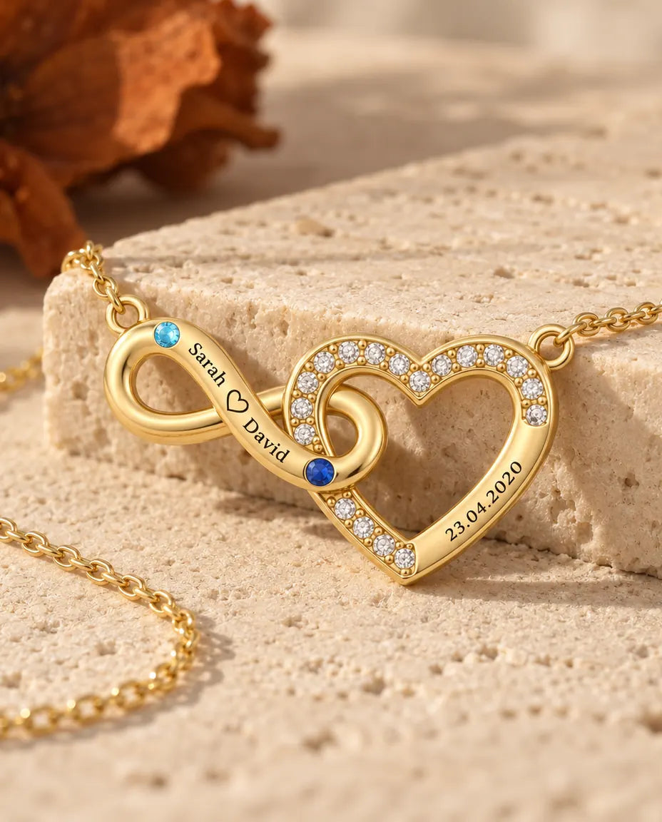 Collier personnalisé 2 prénoms et date - cœur infini doré avec deux pierres de naissance