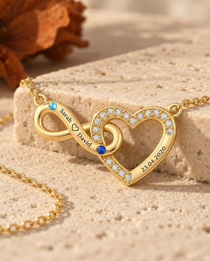 Collier personnalisé 2 prénoms et date - cœur infini doré avec deux pierres de naissance