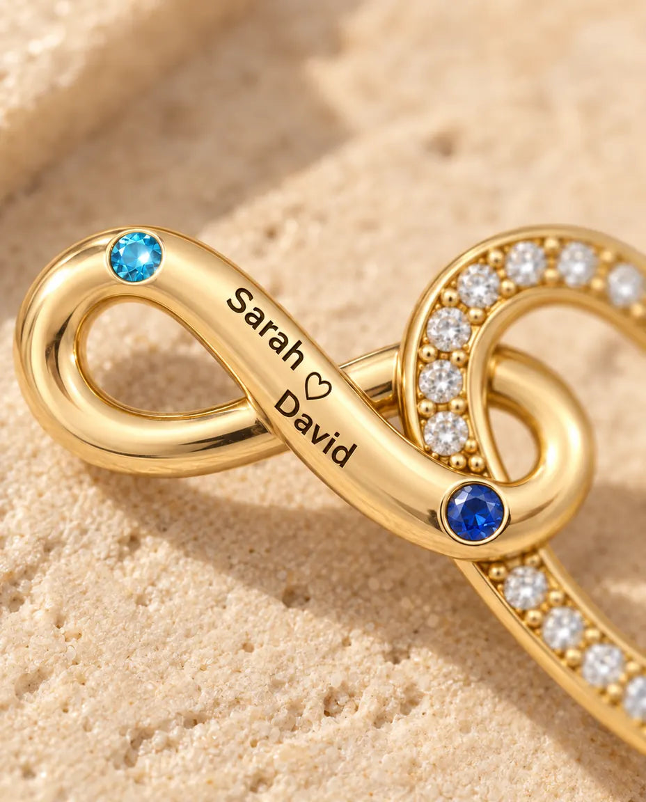 Collier personnalisé 2 prénoms et date - cœur infini doré avec deux pierres de naissance