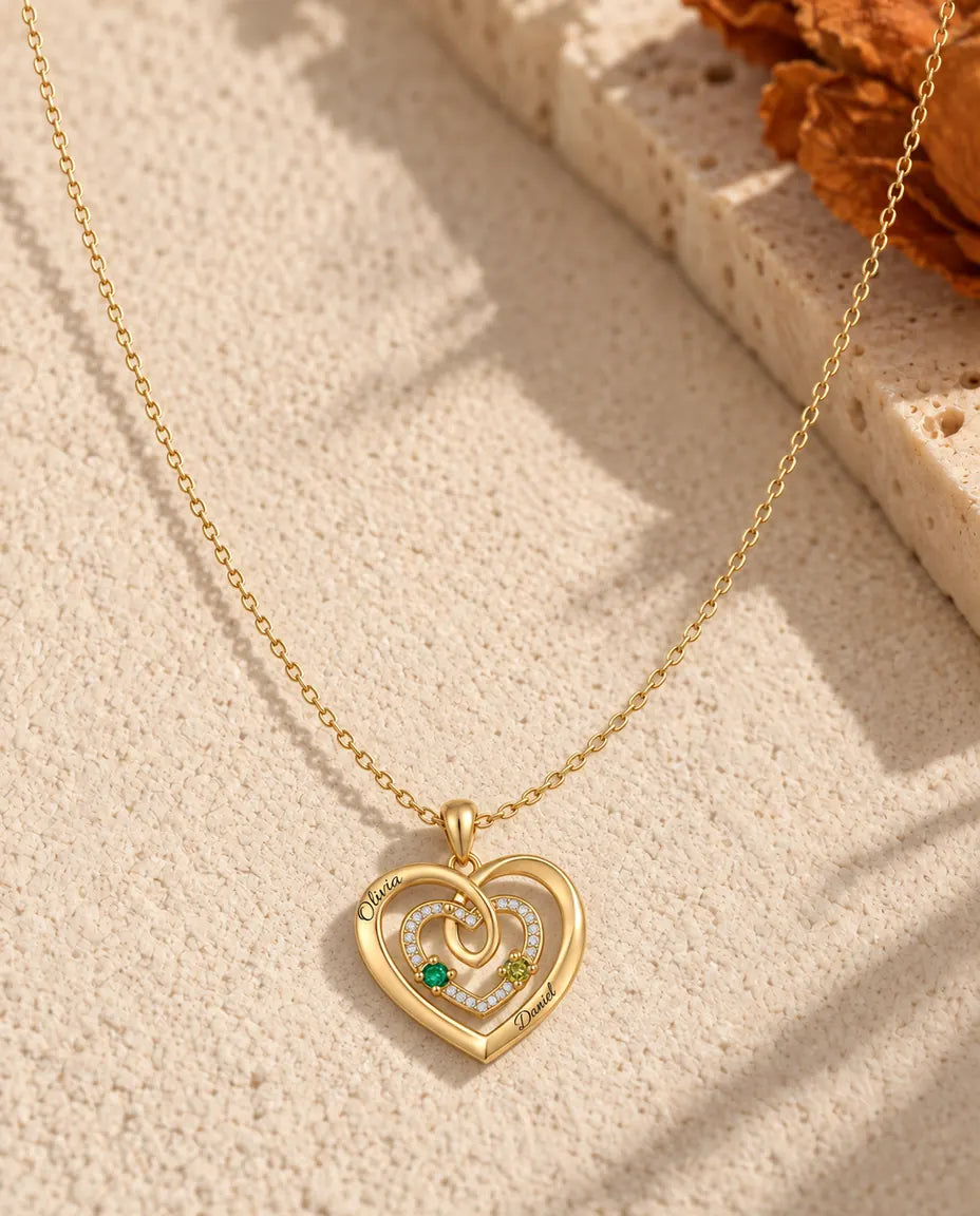 Collier pierre de naissance personnalisé 2 prénoms - triple cœur doré avec deux pierres de naissance