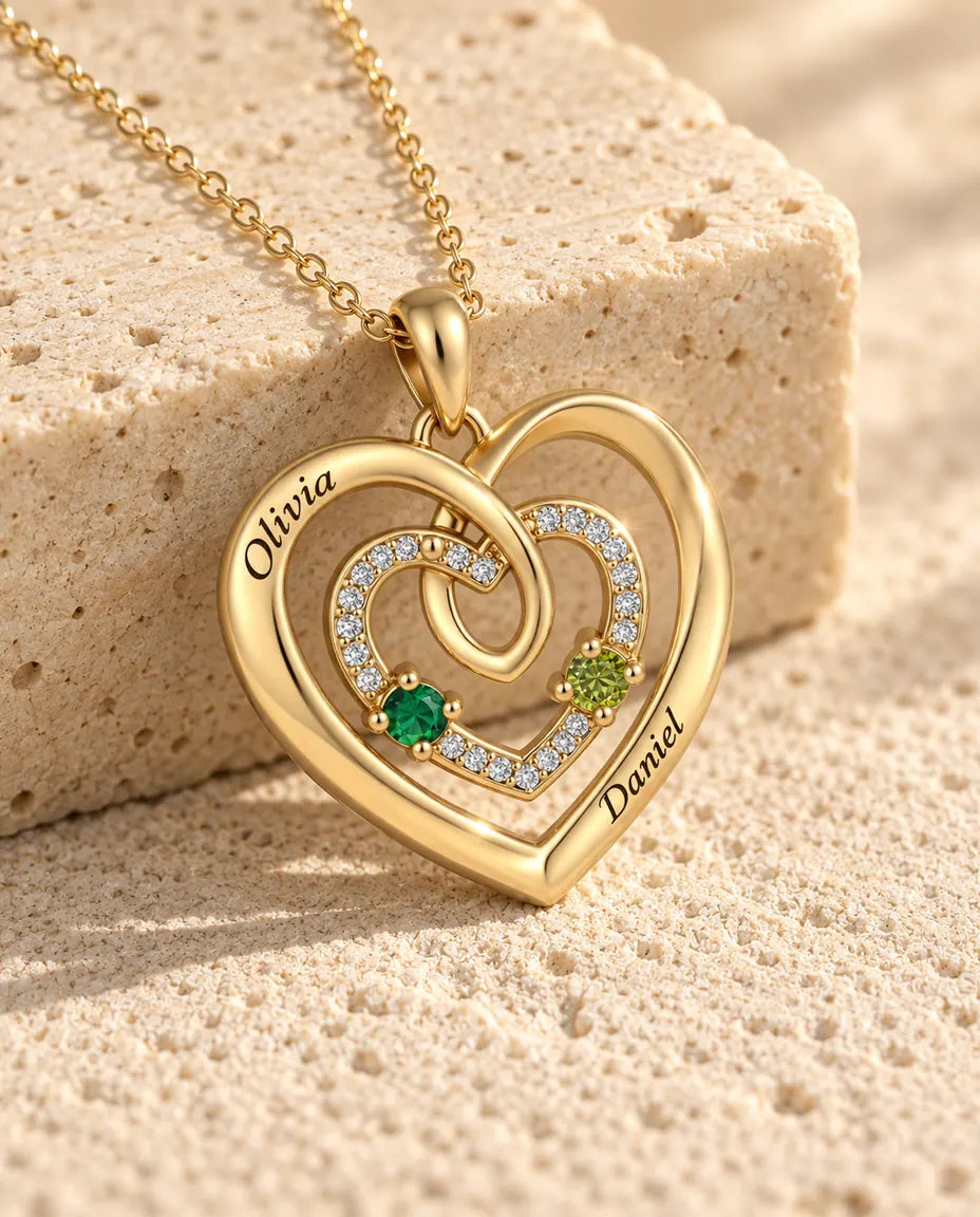 Collier pierre de naissance personnalisé 2 prénoms - triple cœur doré avec deux pierres de naissance