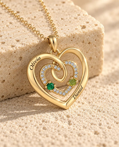 Collier pierre de naissance personnalisé 2 prénoms - triple cœur doré avec deux pierres de naissance
