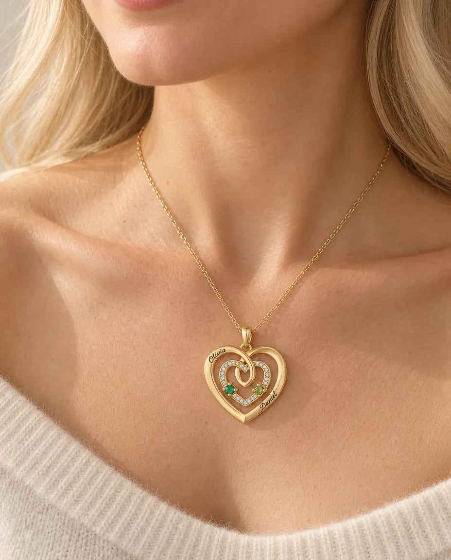 Collier pierre de naissance personnalisé 2 prénoms - triple cœur doré avec deux pierres de naissance