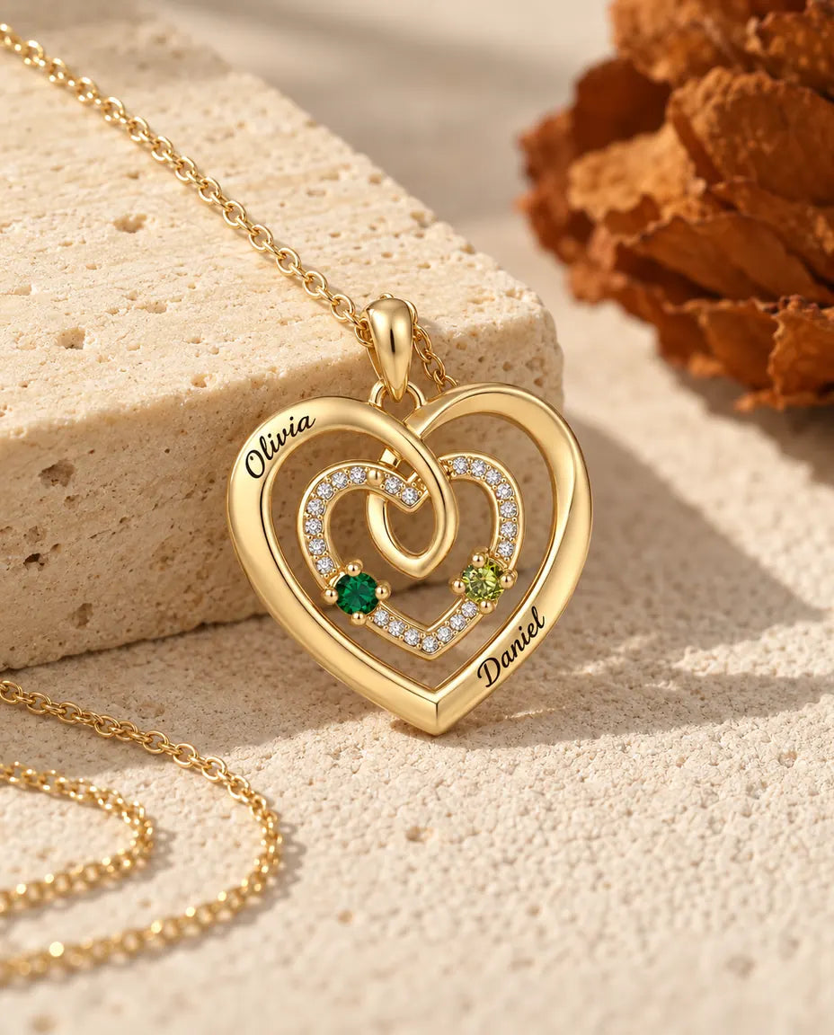 Collier pierre de naissance personnalisé 2 prénoms - triple cœur doré avec deux pierres de naissance