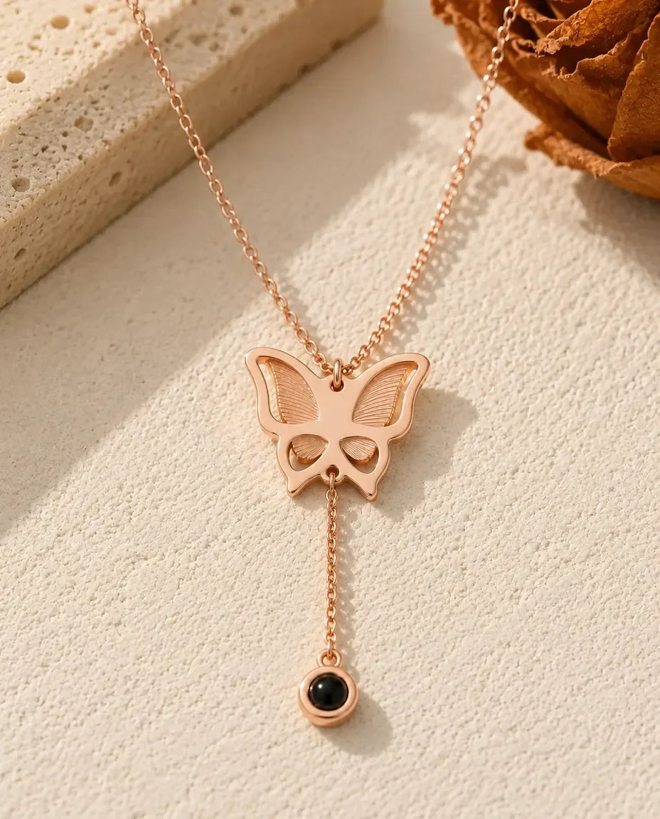 Collier papillon photo projection personnalisé - finition or rose