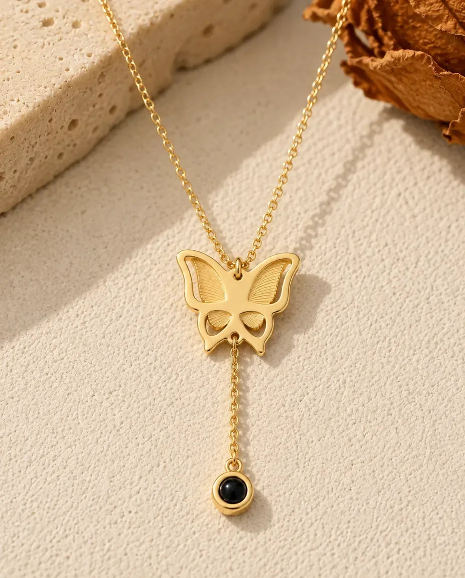 Collier papillon photo projection personnalisé - finition or