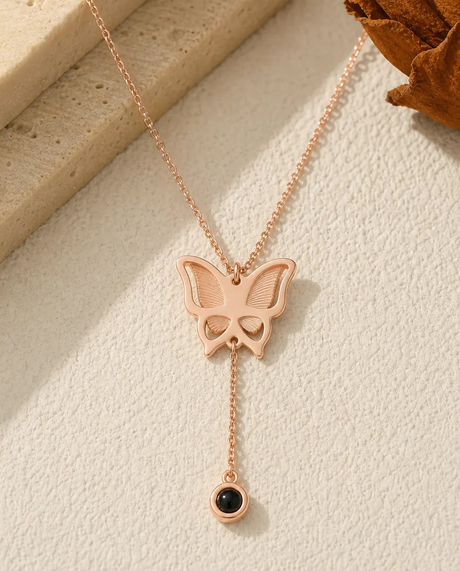 Collier papillon photo projection personnalisé, collier Y avec votre photo dans la perle, argenté or rose ou doré, cadeau pour elle