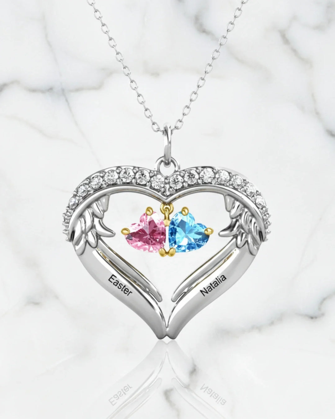 Collier Personnalisé – Cœur Ailé en Argent 925, 1 à 6 Prénoms Gravés et Pierres de Naissance, Cadeau pour Maman