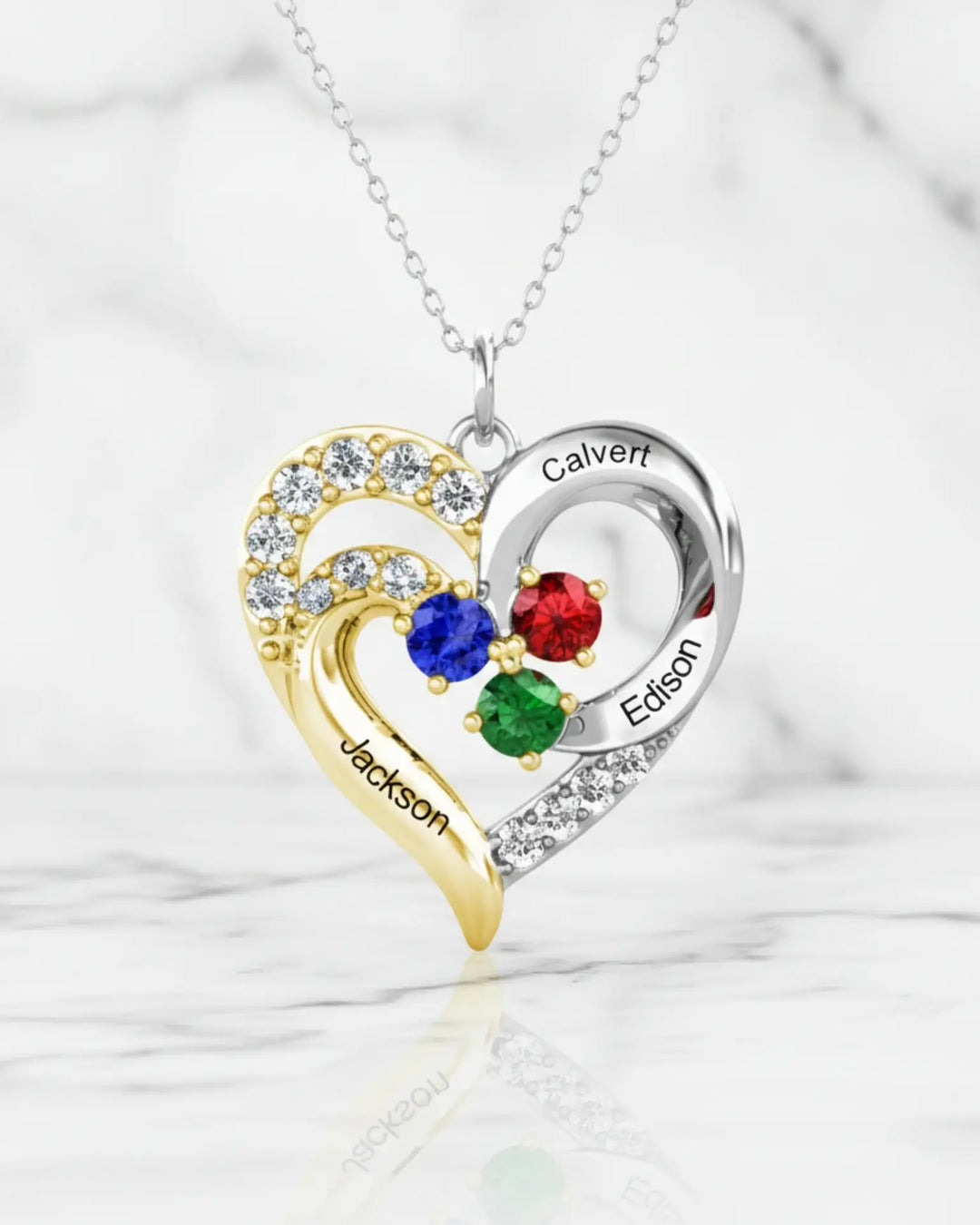 Collier Personnalisé – Cœur Bicolore en Argent 925, Jusqu'à 5 Prénoms Gravés et Pierres de Naissance, Cadeau pour Maman