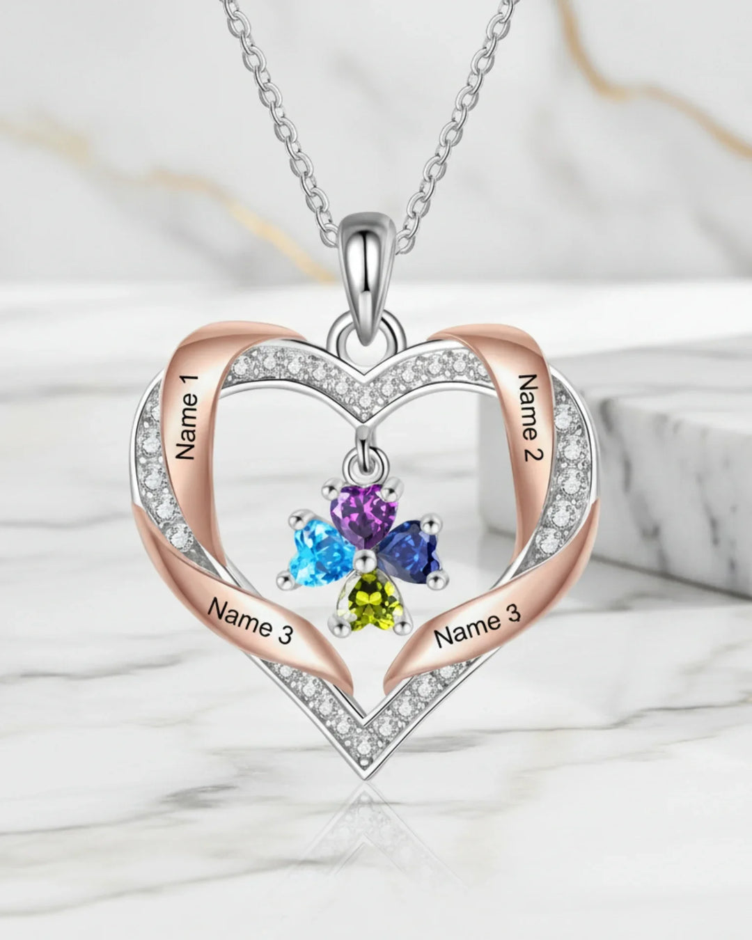 Collier Personnalisé – Pendentif Cœur Famille, 2 à 4 Prénoms Gravés et Pierres de Naissance, Plaqué Or Blanc, Cadeau pour Maman