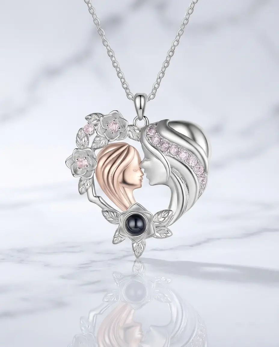 Collier avec Photo – Cœur Mère et Fille, Photo Cachée dans la Pierre, Cadeau pour Maman