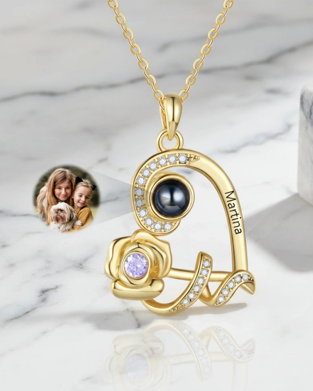 Collier avec Photo – Pendentif Cœur Rose, Gravure Prénom et Pierre de Naissance, Cadeau pour Elle