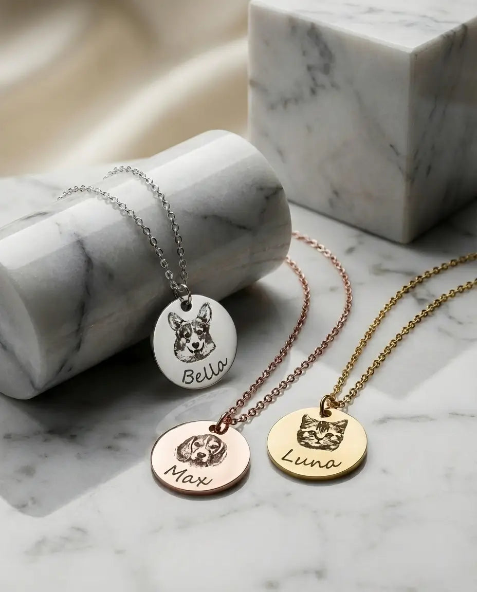 Collier Photo Portrait d'Animal – Pendentif Disque Gravé en Acier Inoxydable d'après Votre Photo, Chien ou Chat, Cadeau Souvenir