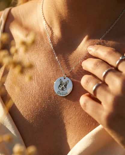 Collier Photo Portrait d'Animal – Pendentif Disque Gravé en Acier Inoxydable d'après Votre Photo, Chien ou Chat, Cadeau Souvenir