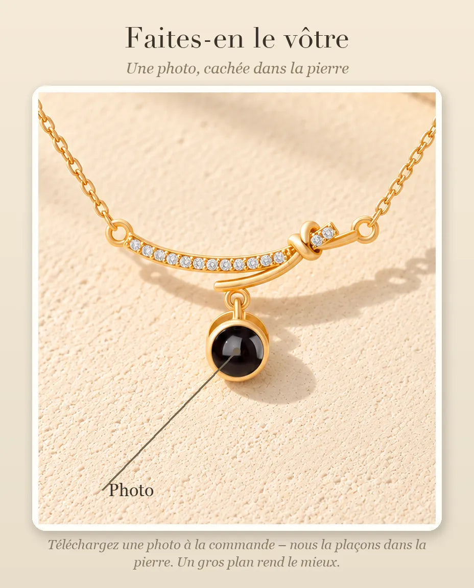 Guide de personnalisation : où se place votre photo dans la pierre de projection du collier barre courbée