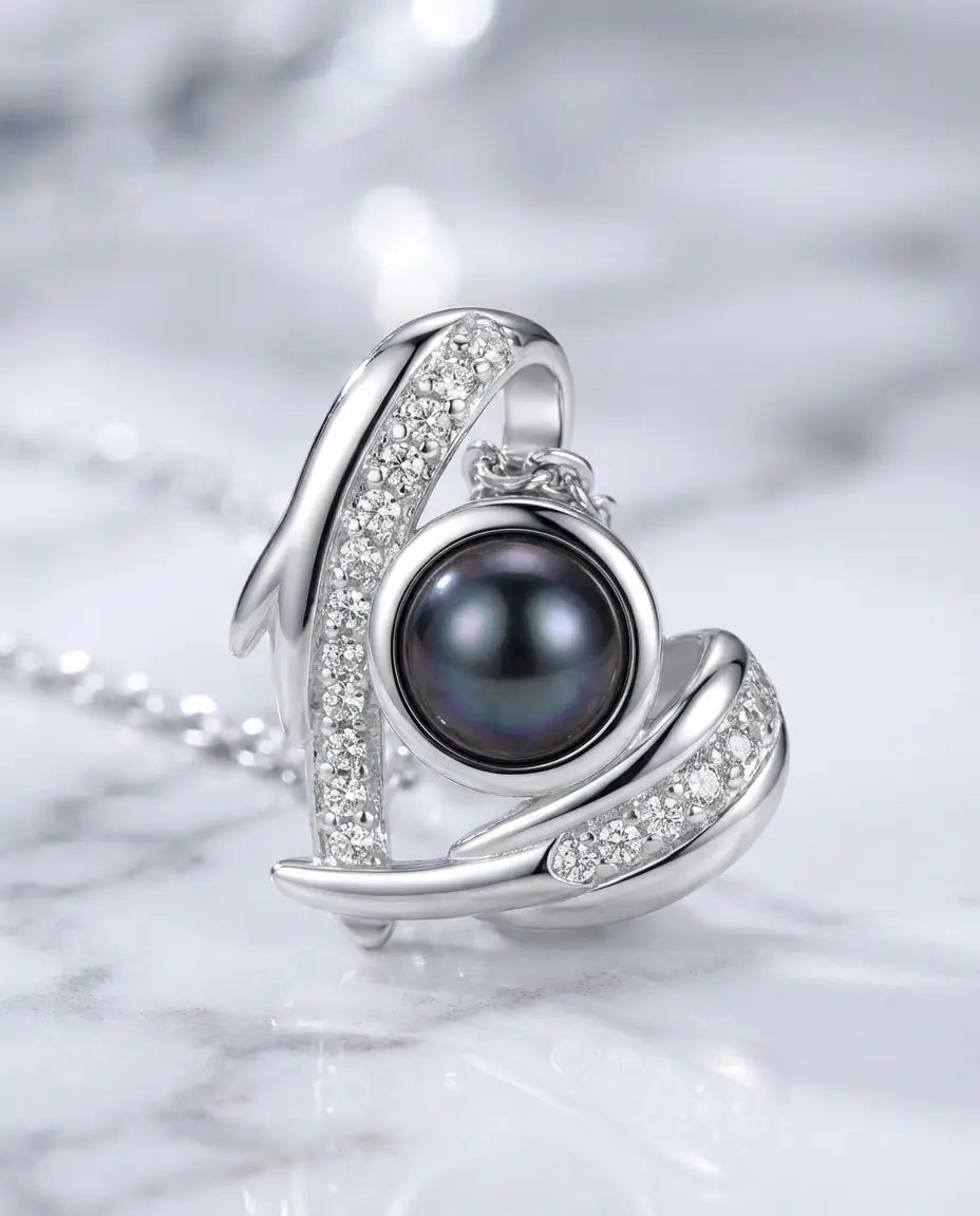 Collier Photo Projection – Pendentif Cœur Aile d'Ange en Argent 925, Photo Cachée dans la Pierre, Cadeau Souvenir pour Elle