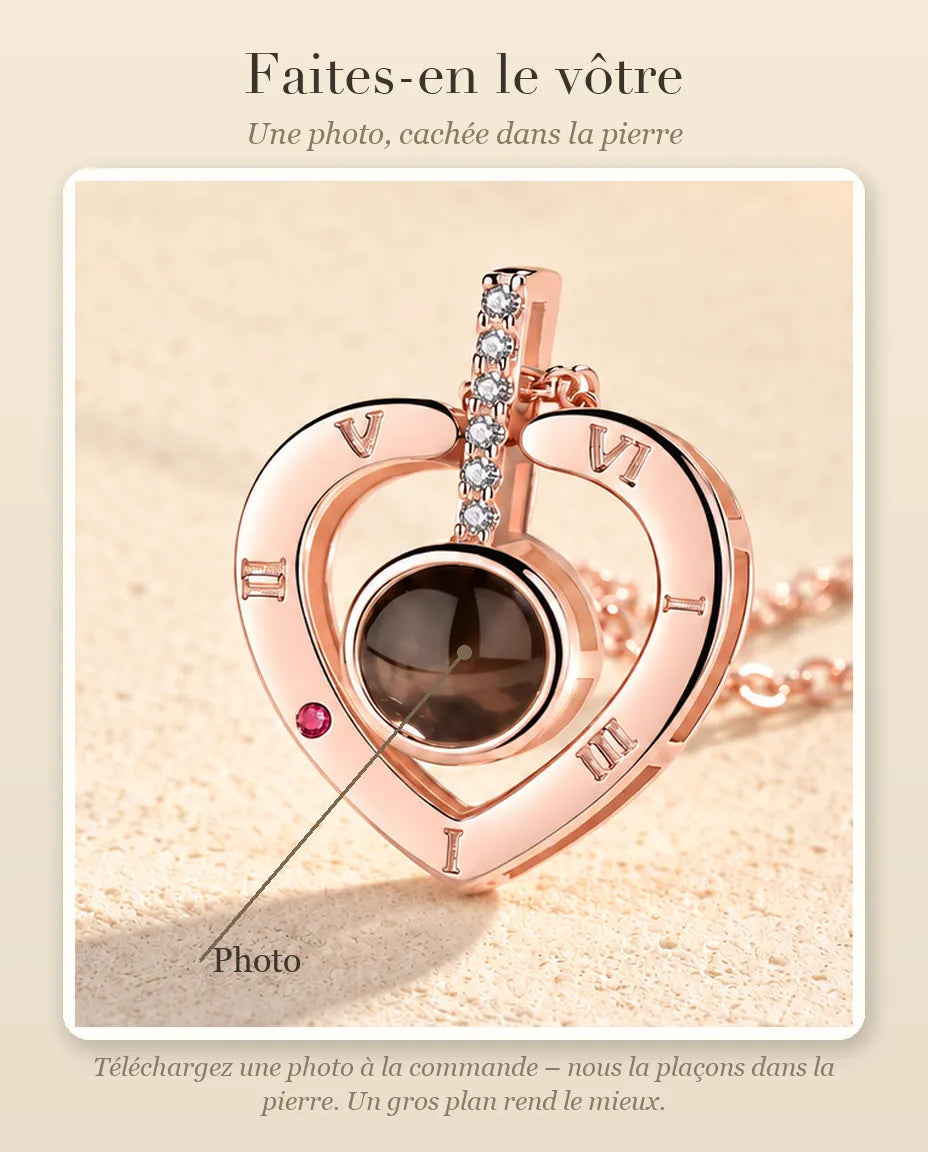 Guide de personnalisation : où se place votre photo dans la pierre de projection du collier cœur à chiffres romains