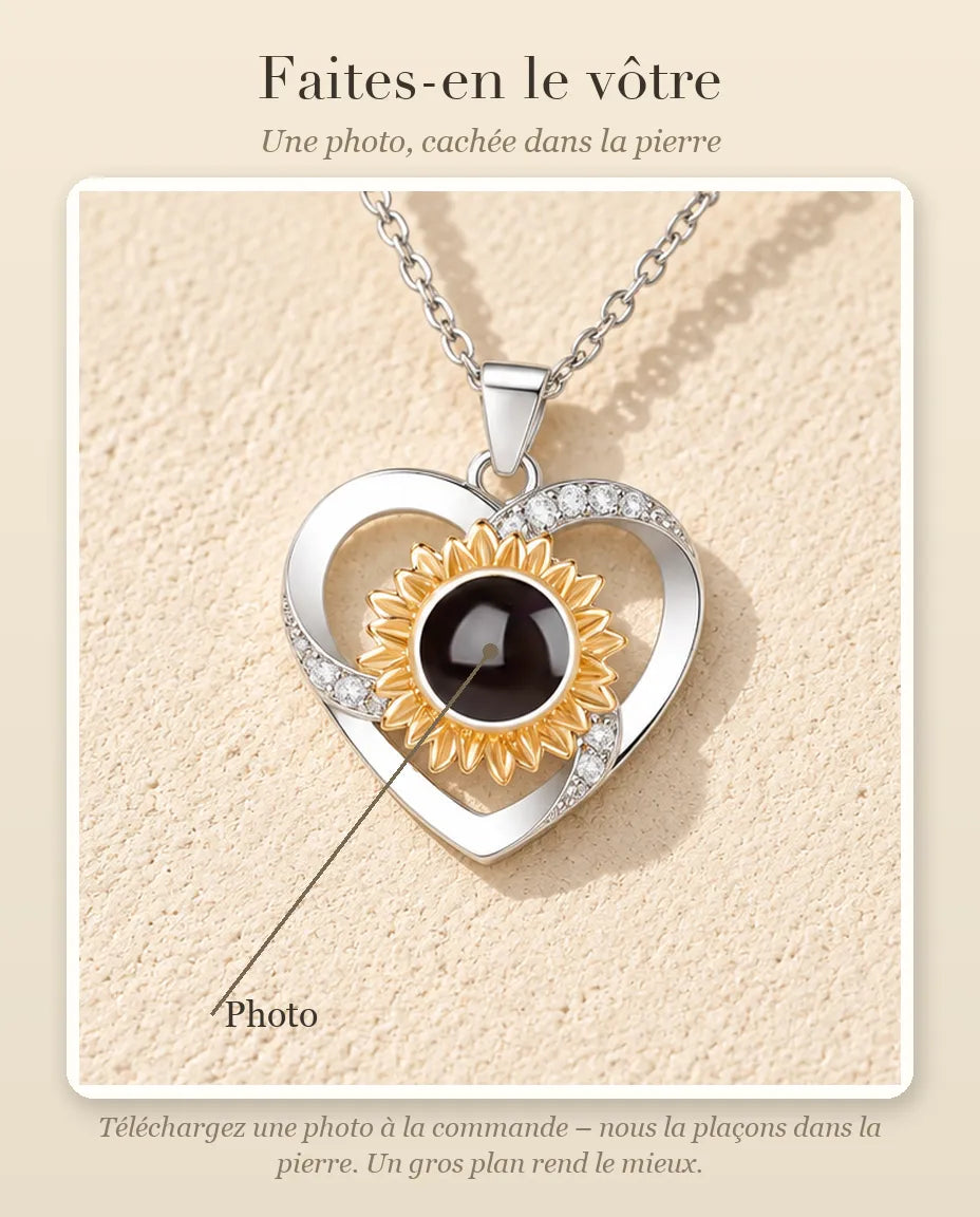 Guide de personnalisation : où se place votre photo dans la pierre de projection du collier cœur tournesol