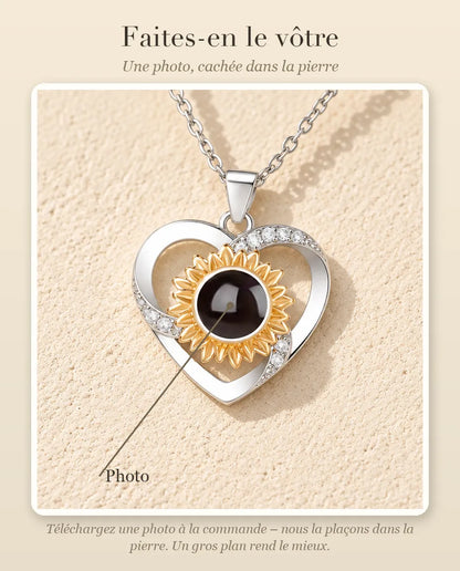 Guide de personnalisation : où se place votre photo dans la pierre de projection du collier cœur tournesol