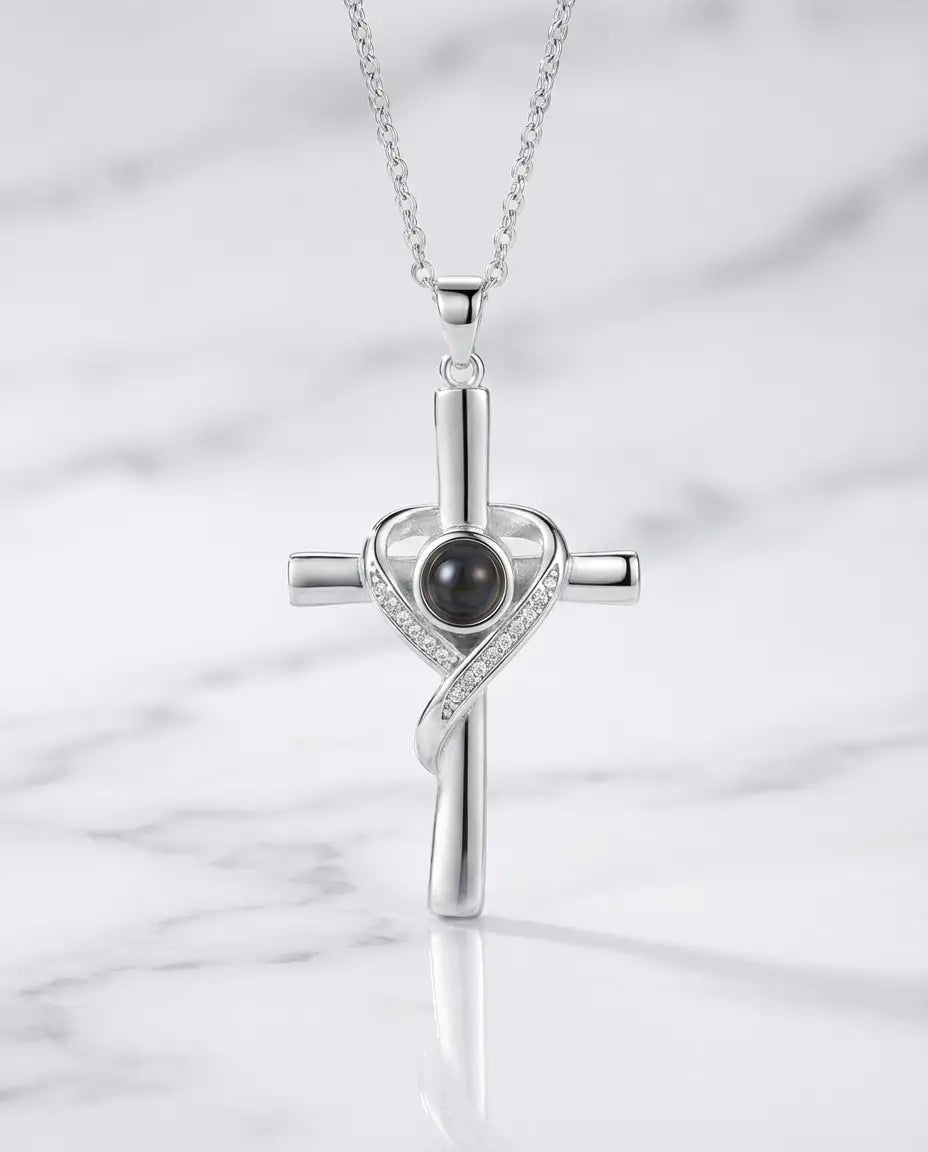 Collier Photo Projection – Pendentif Croix Enlacée d'un Cœur en Argent 925, Photo Cachée dans la Pierre, Cadeau pour Elle