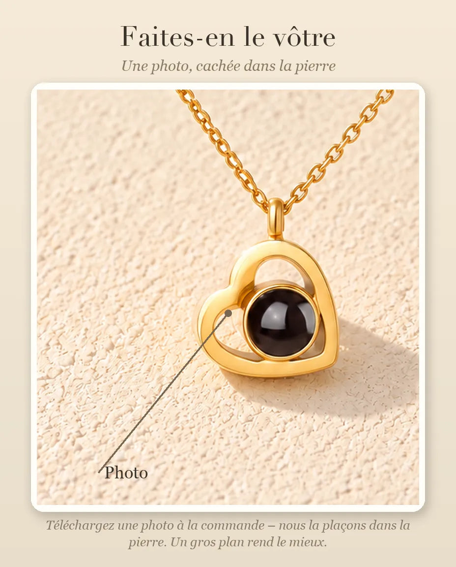 Guide : votre photo dans la pierre de projection du collier double cœur
